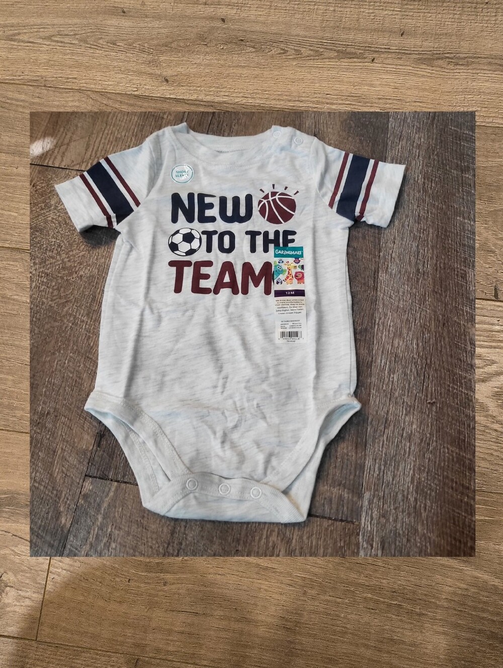 NWT Baby Boy Grey Short Sleeved 'New To The Team' Sports Onesie Size 12mos